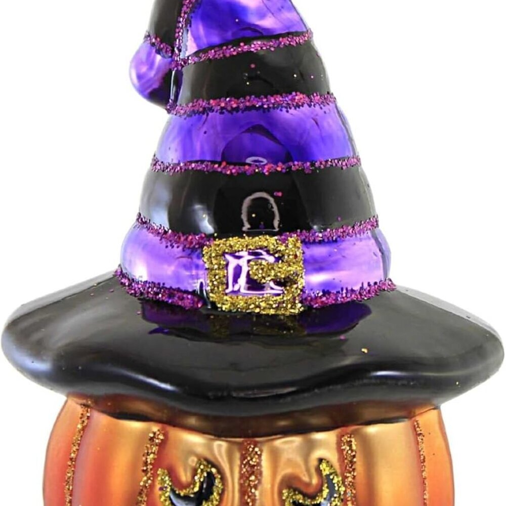 Witch Pumpkin Jack O'Lantern Glass Blown Ornament for Christmas Tree, Handcrafte